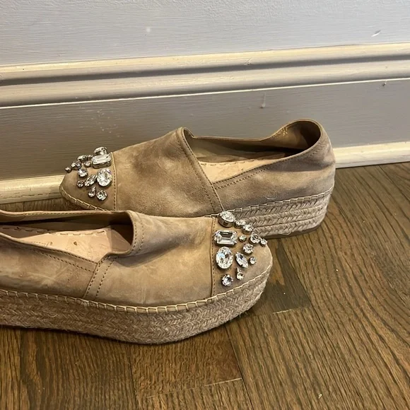 Miu Miu Beige Nubuck Embellished Platform Espadrilles Flats - Picture 5 of 11
